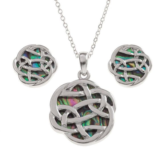 Tide Jewellery Inlaid Paua Shell Celtic Knot Pendant & Stud Earring Set