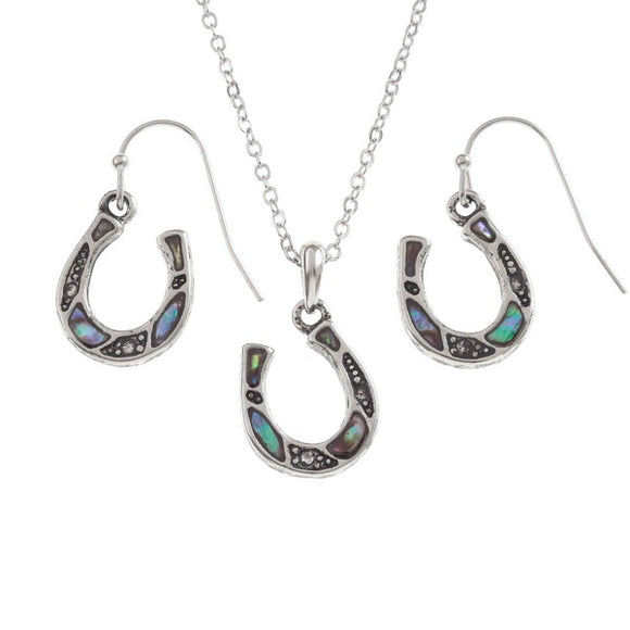 Tide Jewellery Inlaid Paua Shell Horse Shoe Necklace & Dangly Earring Set