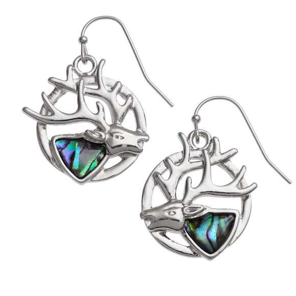 Tide Jewellery Inlaid Paua Shell Scottish Highland Stag Dangly Earrings