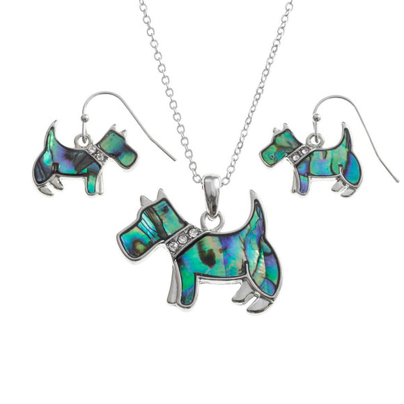 Tide Jewellery Inlaid Paua Shell Scottie Dog Necklace & Dangly Earring Set