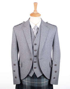 Traditional Light Grey Arrochar Tweed Braemar Jacket & 5 Button Vest - Long Fit
