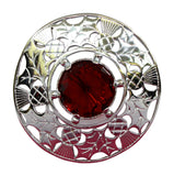 Scottish Thistle Polished Chrome Plaid Sash Brooch inset with Coloured Stone