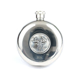 5oz Round Pocket Hip Flask With Polished Finish Scottish Highland Stag Detail With Tot Cups
