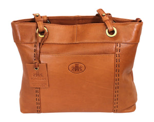 Rowallan Angora Brown Tan Zip Top Twin Handle Leather Shoulder Handbag Purse