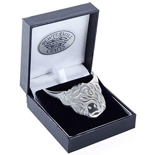 Stunning Hand Cast Scottish Pewter Highland Cow Brooch in Polished Chrome Finish