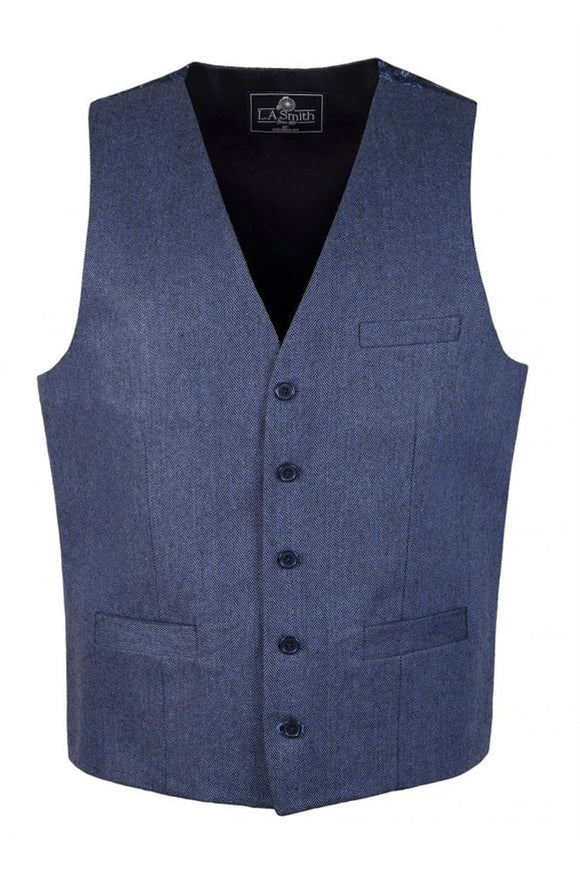 Classic Navy Blue Herringbone Tailored Fit Wool Waistcoat Vest Gilet with Contrast Paisley Print Backing
