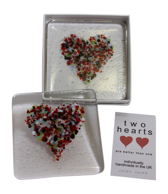 Pair of Handcrafted Glass Coasters Featuring a Multi Coloured Heart Love Valentine's Day