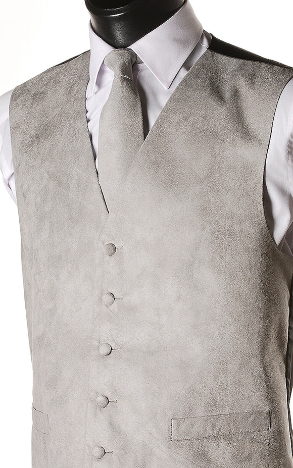 Suede Effect Gents Waistcoat Vest with Optional Matching Neck Tie - Grey
