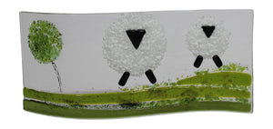Jules Jules Hand Crafted Sheep Lamb Farm Scene Fused Glass Wave Panel