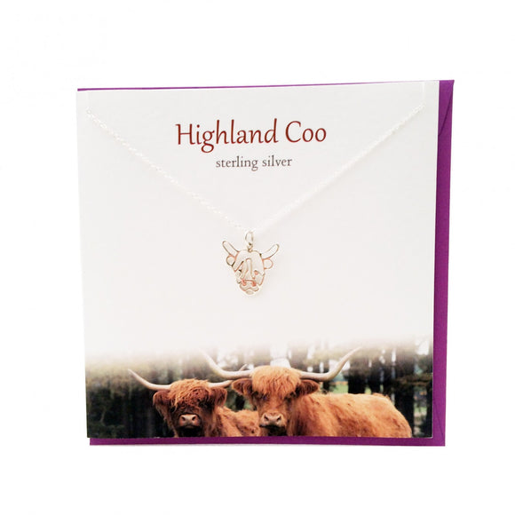 The Silver Studio Scottish Highland Cow Coo Necklace Pendant Card & Gift Set