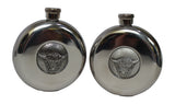 5oz Round Chrome Matte Pocket Hip Flask Highland Cow Coo Detail With Tot Cups