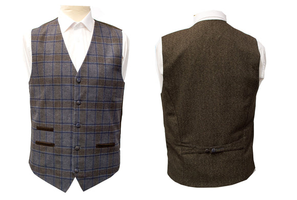 Classic Grey Blue Brown Check Regular Fit Wool Waistcoat Gilet Vest with Contrast Backing