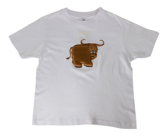Ramblers Childrens White T-Shirt with Fluffy Scottish Highland Cow Coo