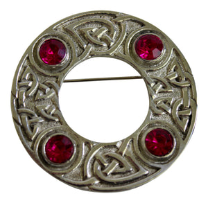 Art Pewter Celtic Interlace Scarf Sash Dance Plaid Brooch With Cerise Bright Pink Stone Insets
