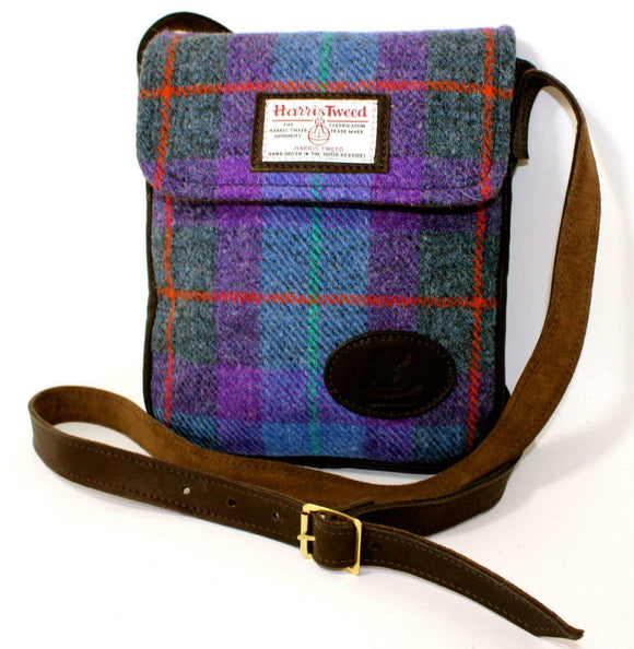 Scottish Deerskin Leather Authentic Check Harris Tweed Crossover Bag - Purple