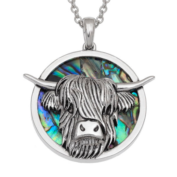Tide Jewellery Inlaid Green Paua Shell Scottish Highland Cow Coo Pendant Necklace