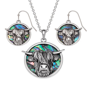 Tide Jewellery Inlaid Green Paua Shell Scottish Highland Cow Coo Pendant Necklace & Dangle Earring Set