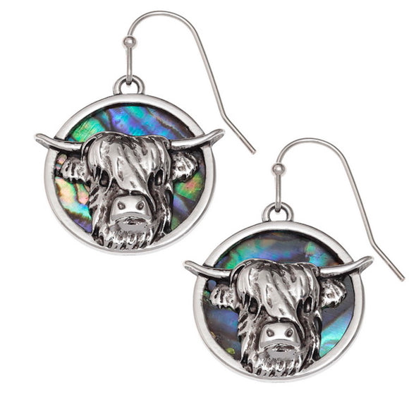 Tide Jewellery Inlaid Green Paua Shell Scottish Highland Cow Coo Dangle Earrings