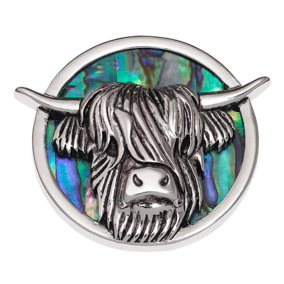Tide Jewellery Inlaid Green Paua Shell Scottish Highland Cow Coo Brooch Pin