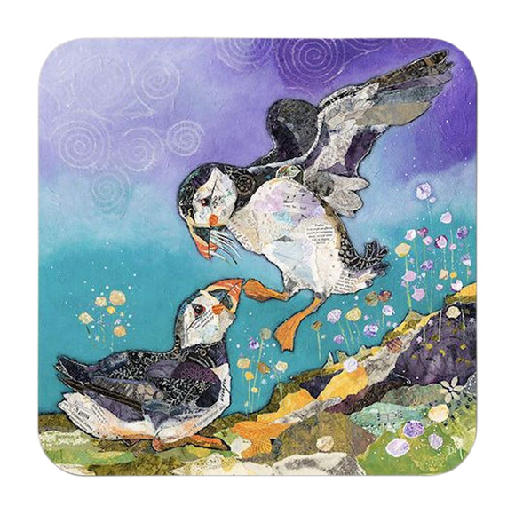Dawn Maciocia 'Love On The Rocks' Cute Flying Scottish Highland Puffin Bird Pair Coaster Table Mat