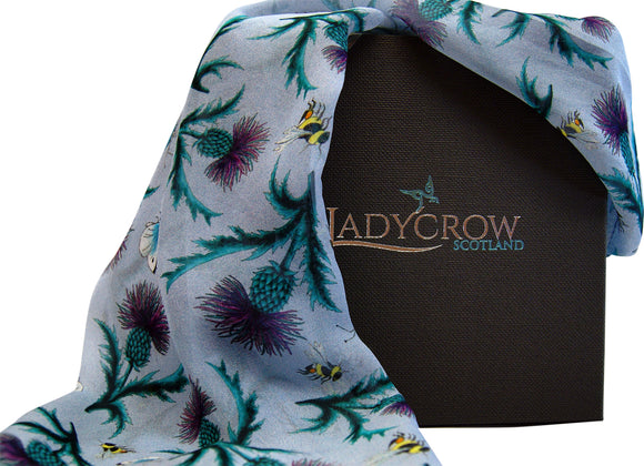 Ladycrow Luxurious Handprinted Silk Chiffon Scarf in Blue with Thistles and Bees