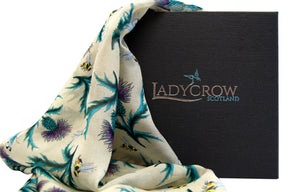 Ladycrow Luxurious Handprinted Silk Chiffon Scarf in Cream with Thistles and Bees