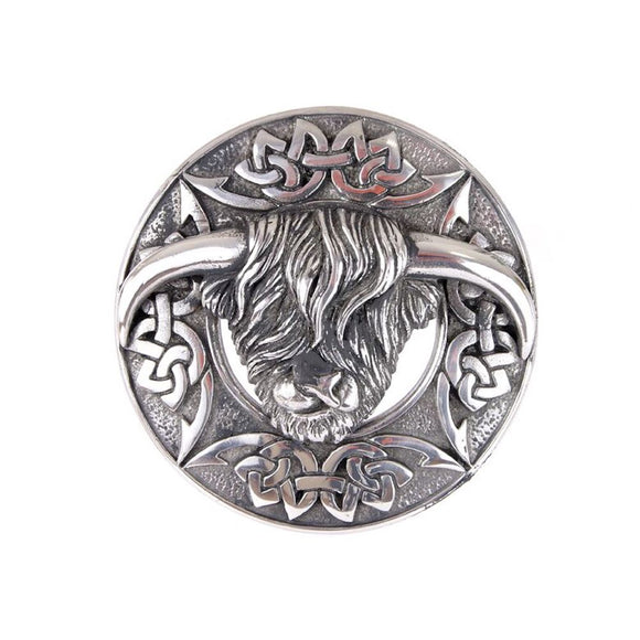 Traditional Scottish Chrome Matte Antique Highland Cow Coo Kilt Plaid Shawl Sash Brooch Pin