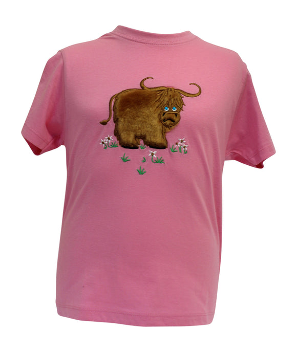 Ramblers Childrens Pink T-Shirt with Fluffy Scottish Highland Cow Coo