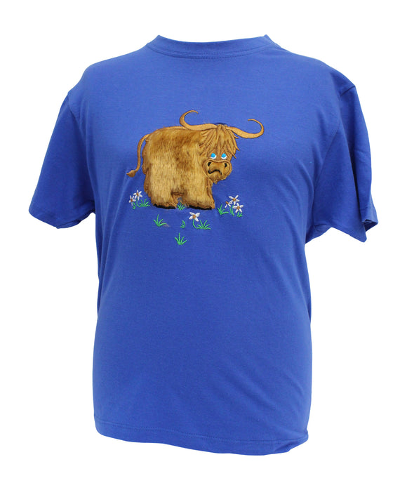 Ramblers Childrens Blue T-Shirt with Fluffy Scottish Highland Cow Coo