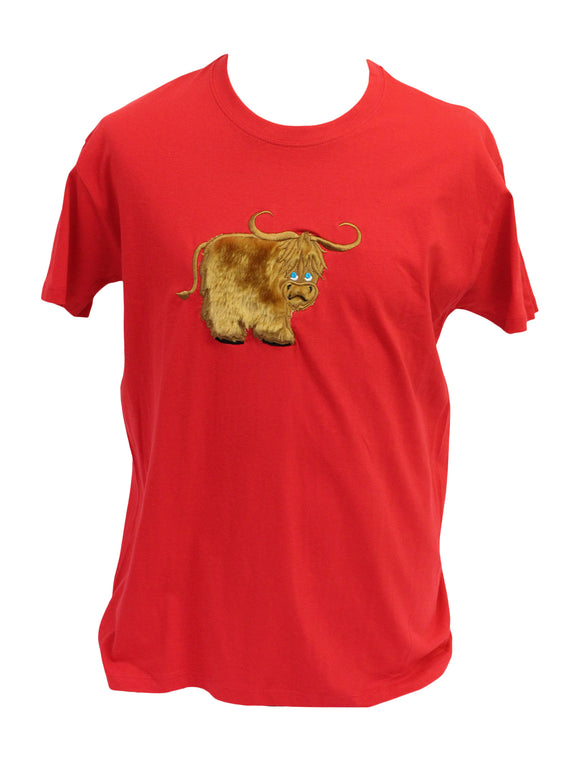 Ramblers Adults Red T-Shirt with Fluffy Scottish Highland Cow Coo