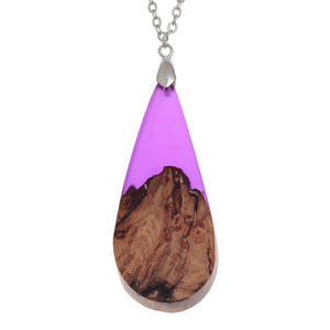 Tide Jewellery Burr Wood & Purple Resin Tear Drop Long Length Necklace Pendant