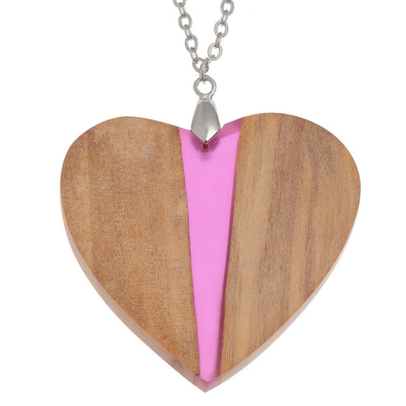 Tide Jewellery Burr Wood & Pink Resin Love Heart Long Length Necklace Pendant
