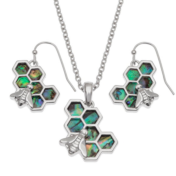 Tide Jewellery Inlaid Paua Shell Super Cute Honeycomb Bumblee Bee Necklace Pendant & Earrings Set