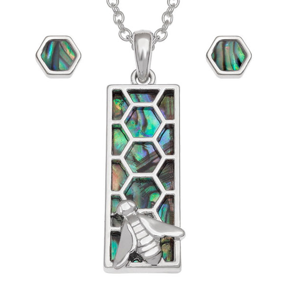 Tide Jewellery Inlaid Paua Shell Rectangle Honeycomb Bumblee Bee Necklace Pendant & Earrings Set