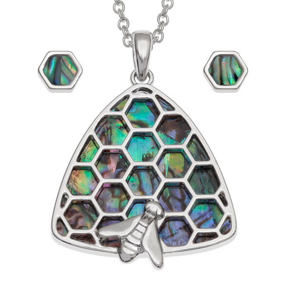 Tide Jewellery Inlaid Paua Shell Beehive Honeycomb Bumblee Bee Necklace Pendant & Earrings Set