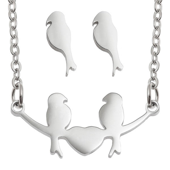 Tide Wish Jewellery Stainless Steel Pair Of Lovebirds Necklace Pendant & Earring Set