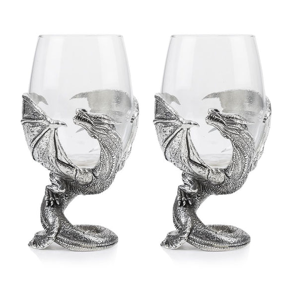 Stunning Pewter Wrapped Dragon Wine Glass Pair