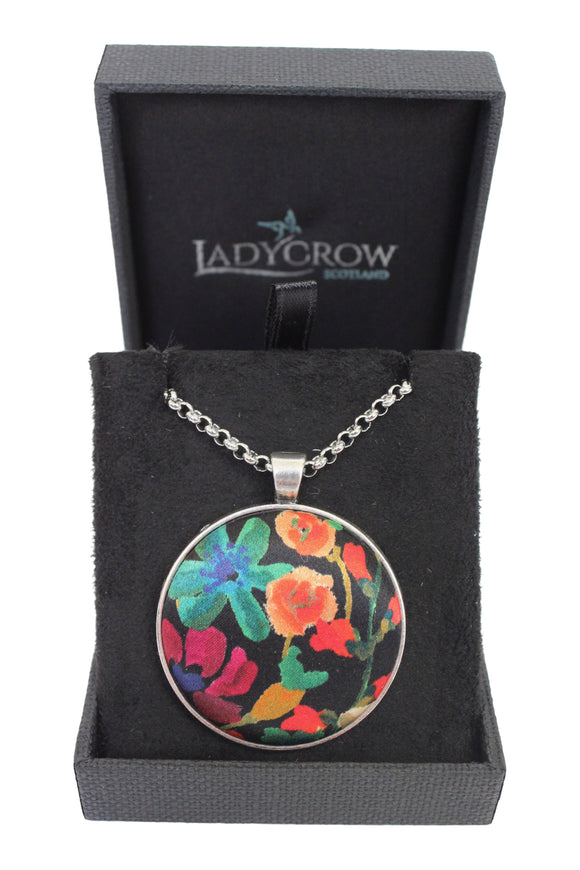 Ladycrow Luxurious Fine Liberty Silk Satin Black Floral Design Long Pendant Necklace
