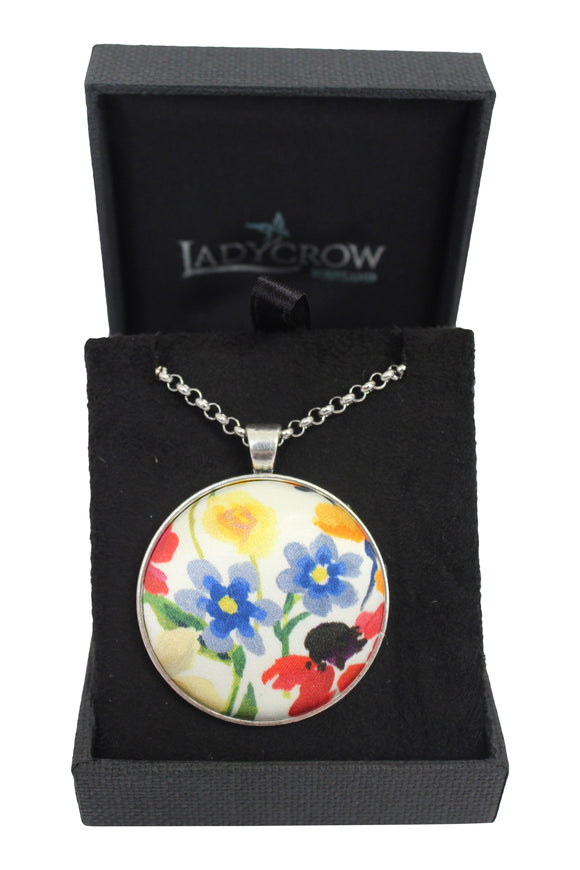 Ladycrow Luxurious Fine Liberty Silk Satin Cream Yellow Floral Design Pendant Necklace