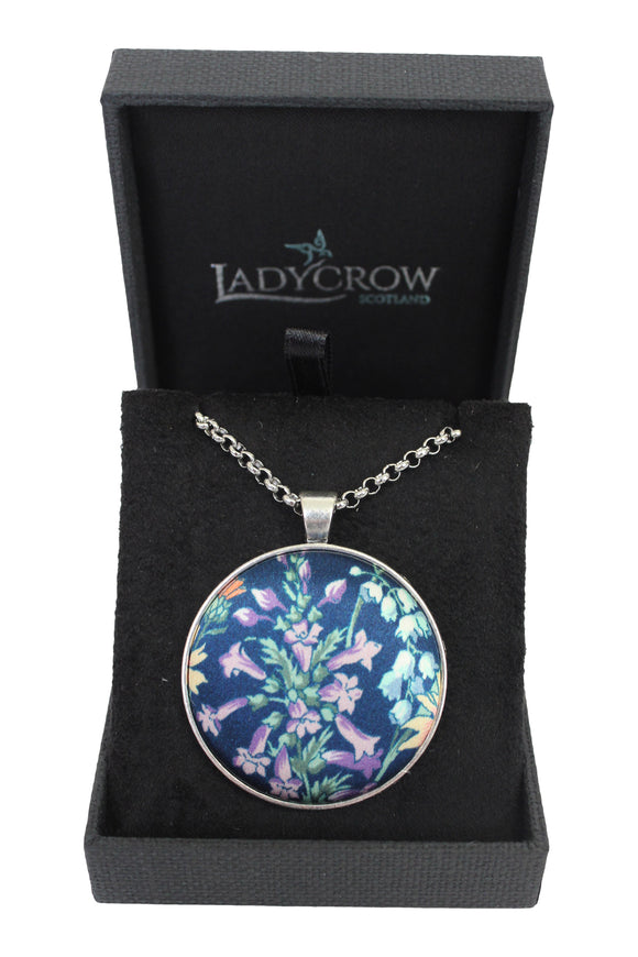 Ladycrow Luxurious Fine Liberty Silk Satin Navy Blue Green Floral Design Pendant Necklace