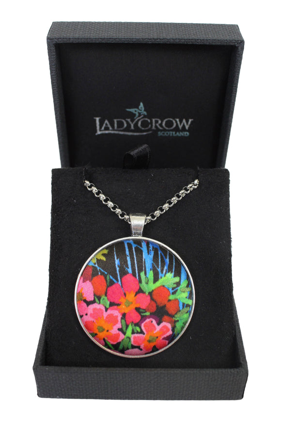 Ladycrow Luxurious Fine Liberty Silk Satin Black Vibrant Floral Design Pendant Necklace