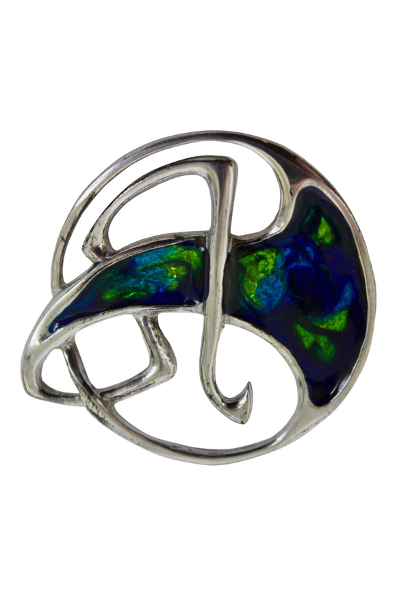 Stunning Pewter & Green Blue Celtic Twist Enamelled Brooch Pin