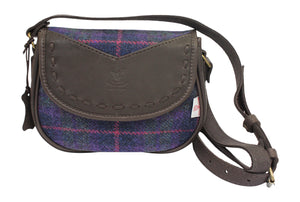 Wild Scottish Deerskin Designer Dark Brown Leather & Purple Tartan Check Authentic Cross Body Cartridge Handbag
