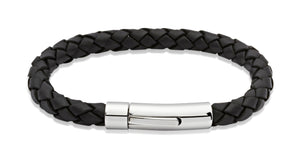 Unique & Co Mens Twisted Black Leather Bracelet with Polished Stainless Steel Clasp