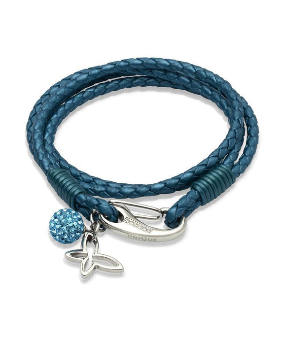 Unique & Co Ladies Teal Blue Leather Wrap Bracelet with Crystal and Butterfly Charm