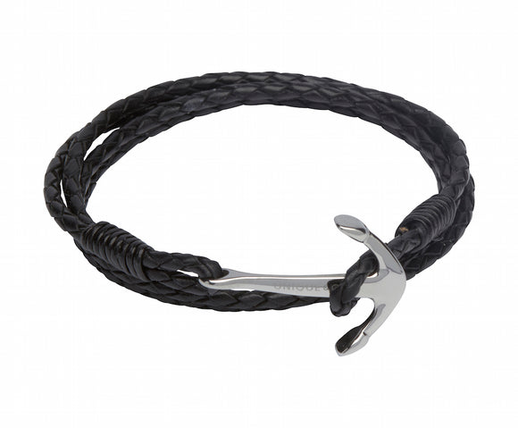 Unique & Co Mens Leather Wrap Strap Anchor Bracelet in Black