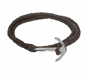 Unique & Co Mens Leather Wrap Strap Anchor Bracelet in Dark Brown