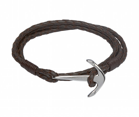 Unique & Co Mens Leather Wrap Strap Anchor Bracelet in Dark Brown