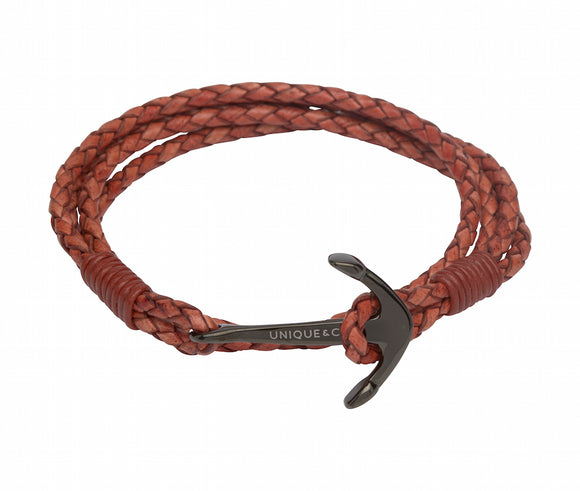 Unique & Co Mens Leather Wrap Strap Anchor Bracelet in Antique Rust - ready