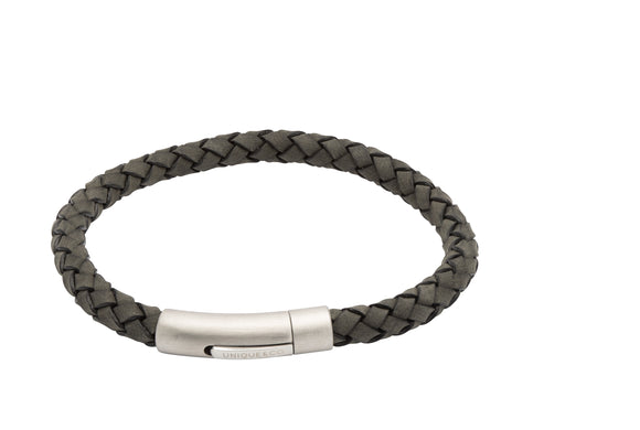 Unique & Co Mens Antique Black Twist Leather Bracelet with Stainless Steel Clasp